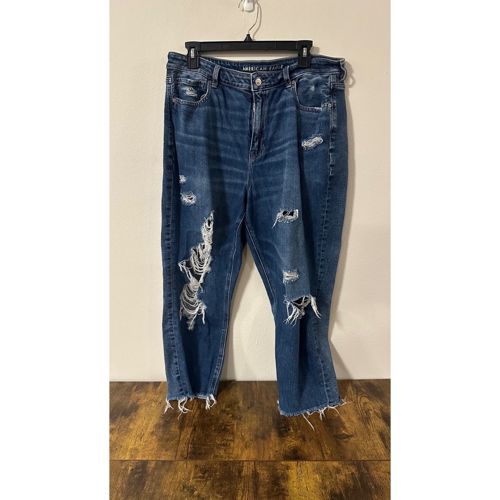 American Eagle Strigid Mom Jeans Distressed Floral Embroidered Wash Size 16